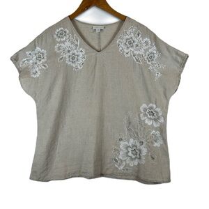 J. Jill Women's‎ Beige Linen Floral Embroidered V-Neck Short Sleeve Top LP